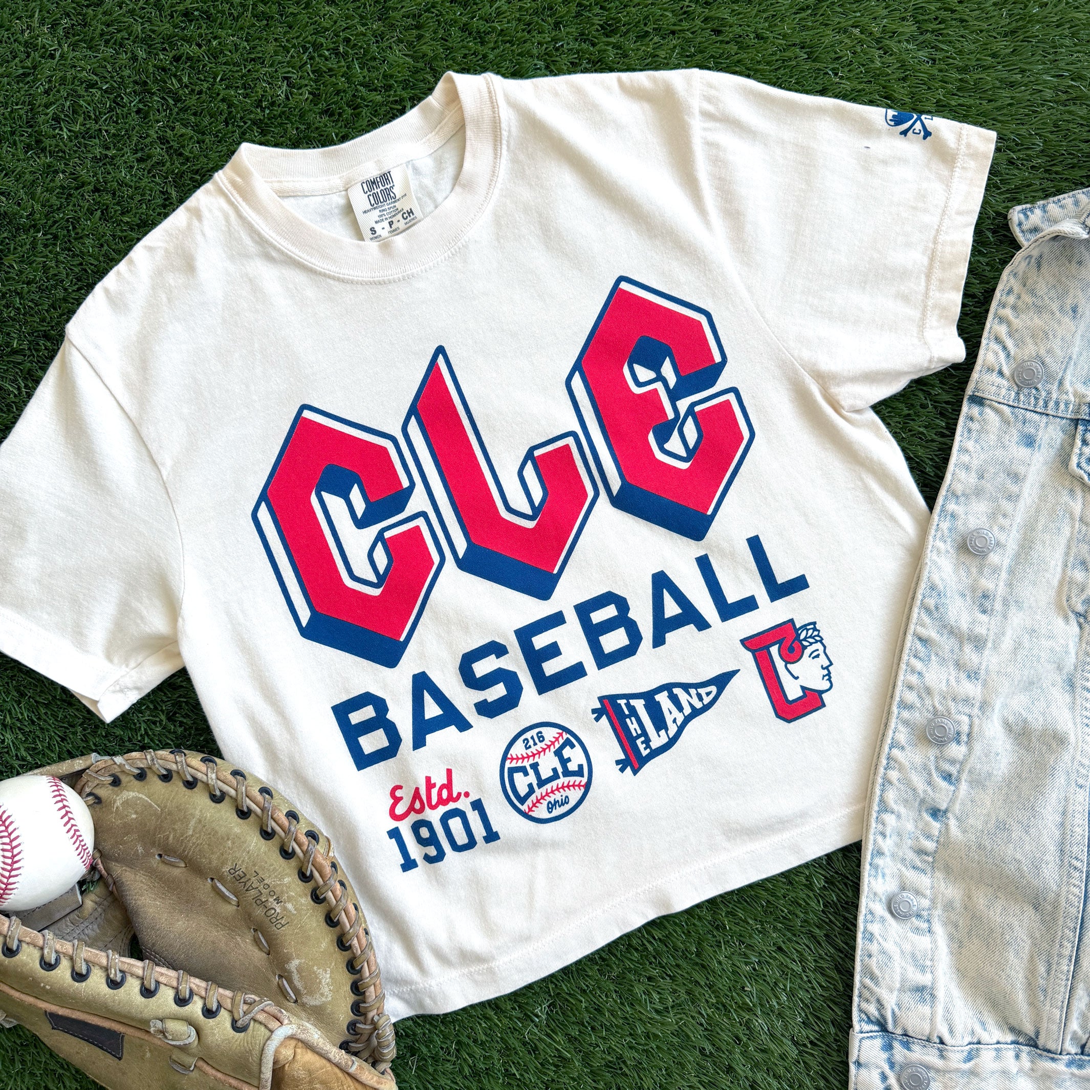 CLE - Cleveland Baseball Icons - Women's Boxy Crop Crew T-Shirt - Image 2