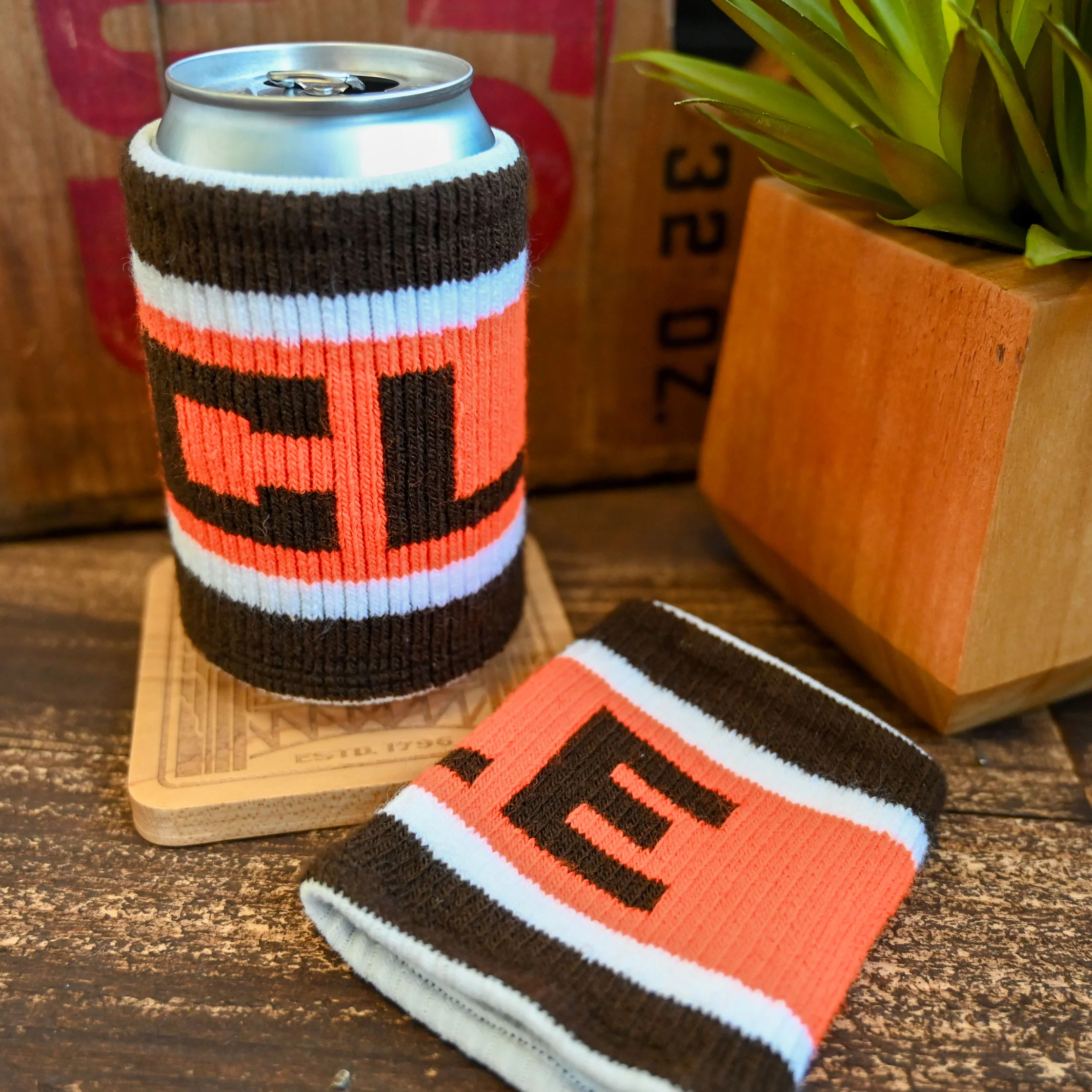 CLE Knit Can Cooler - Brown/Orange - Image 2