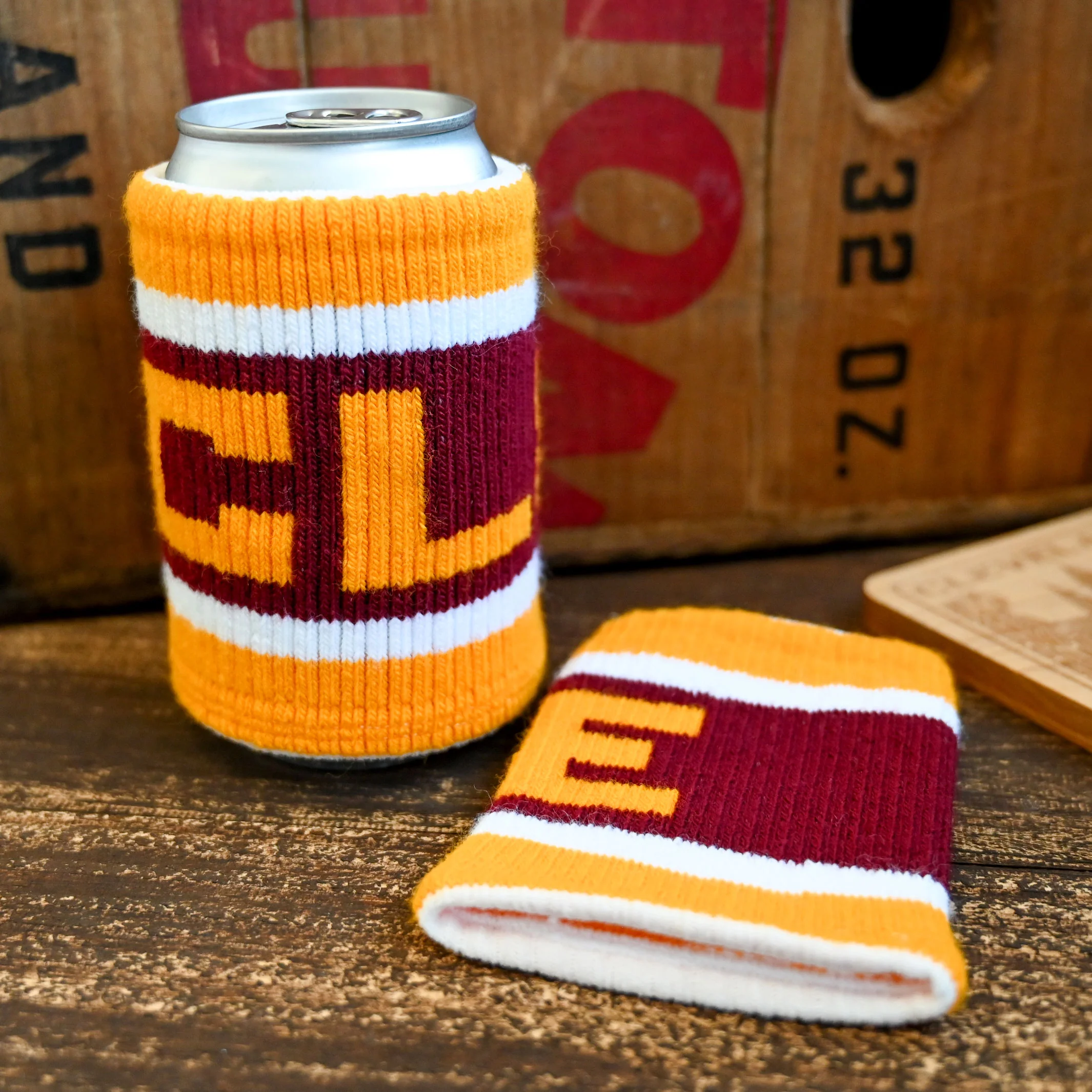 CLE Knit Can Cooler - Wine/Gold - Image 3