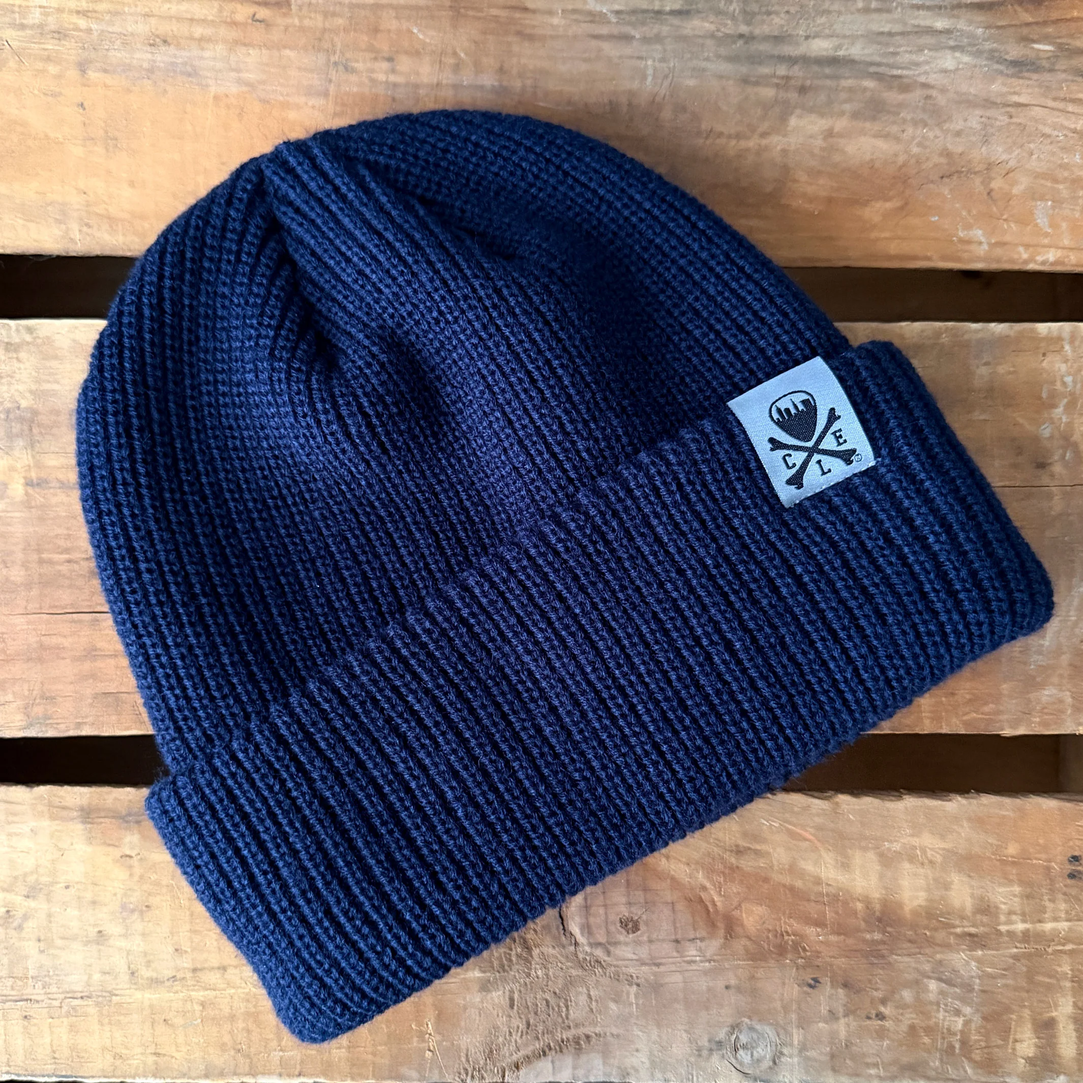 CLE Logo Shallow Rib Knit Beanie - Navy - Image 2