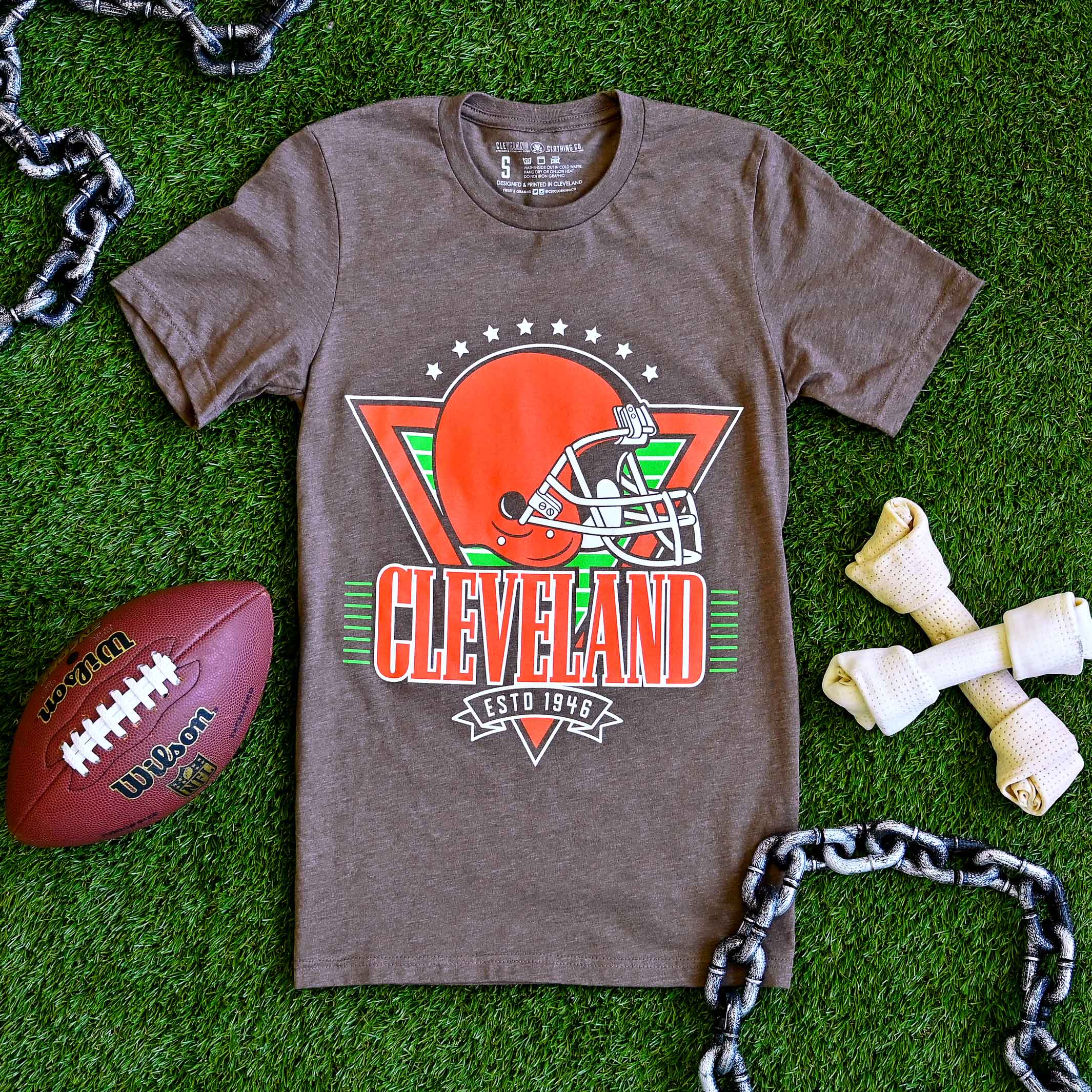 Cleveland Football Helmet Throwback - Mens/Unisex Crew T-shirt - Heather Brown - Image 2