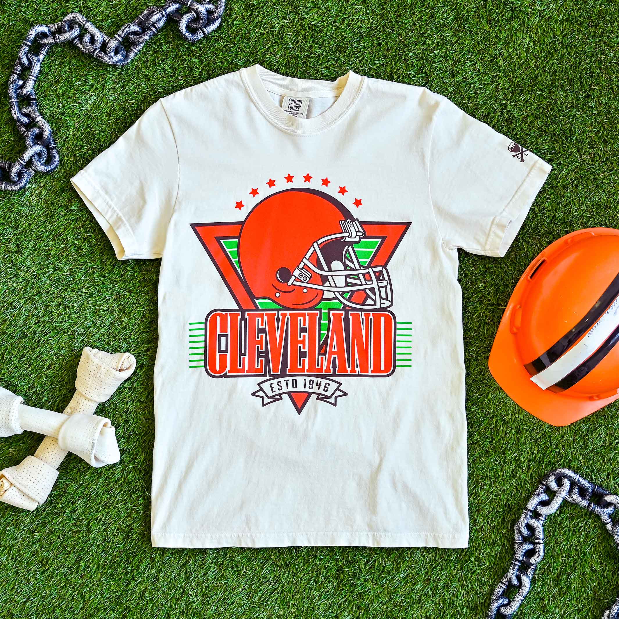 Cleveland Football Helmet Throwback -  Mens/Unisex Crew T-Shirt - Ivory - Image 2