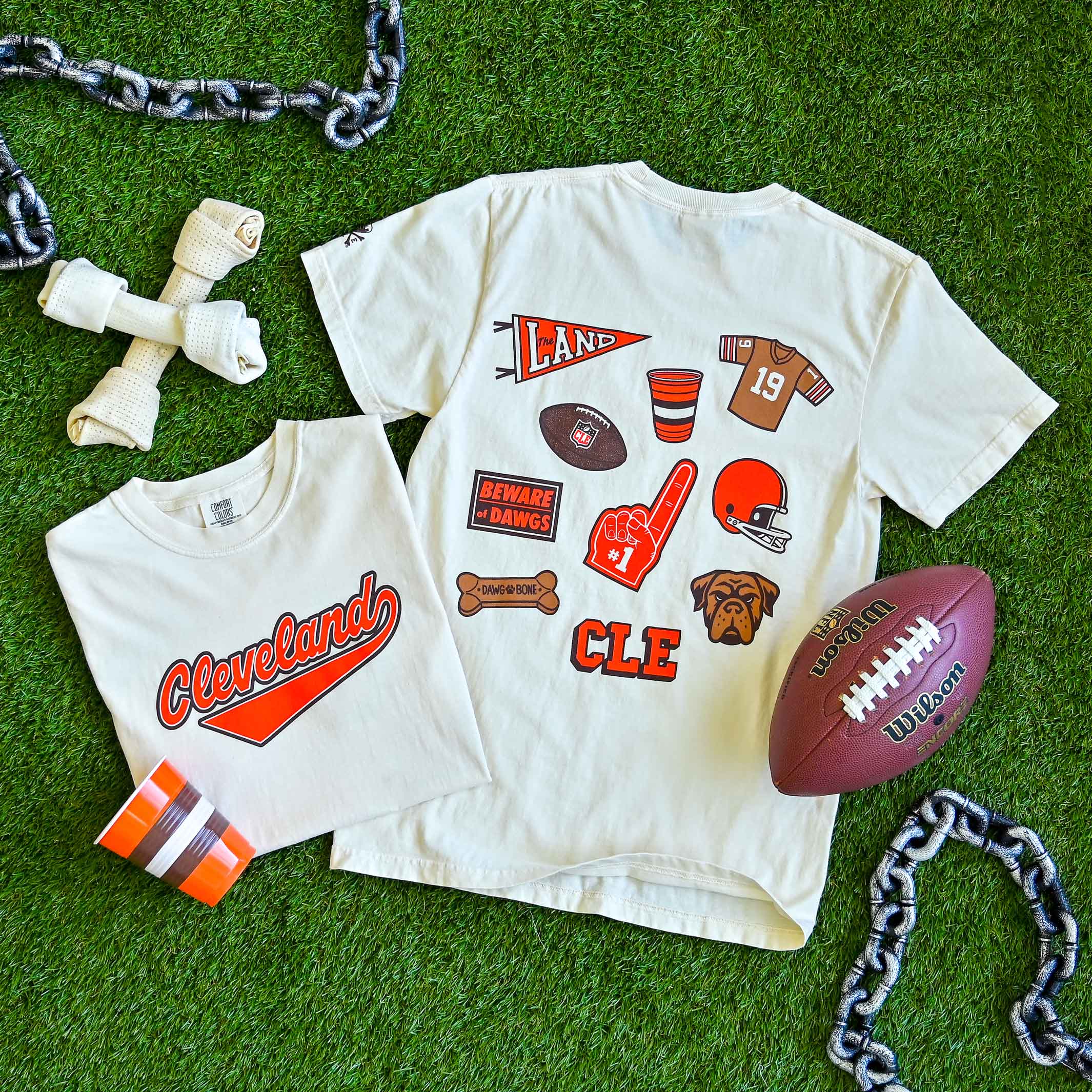 Cleveland Football Patches - Mens/Unisex Crew T-shirt - Ivory - Image 2