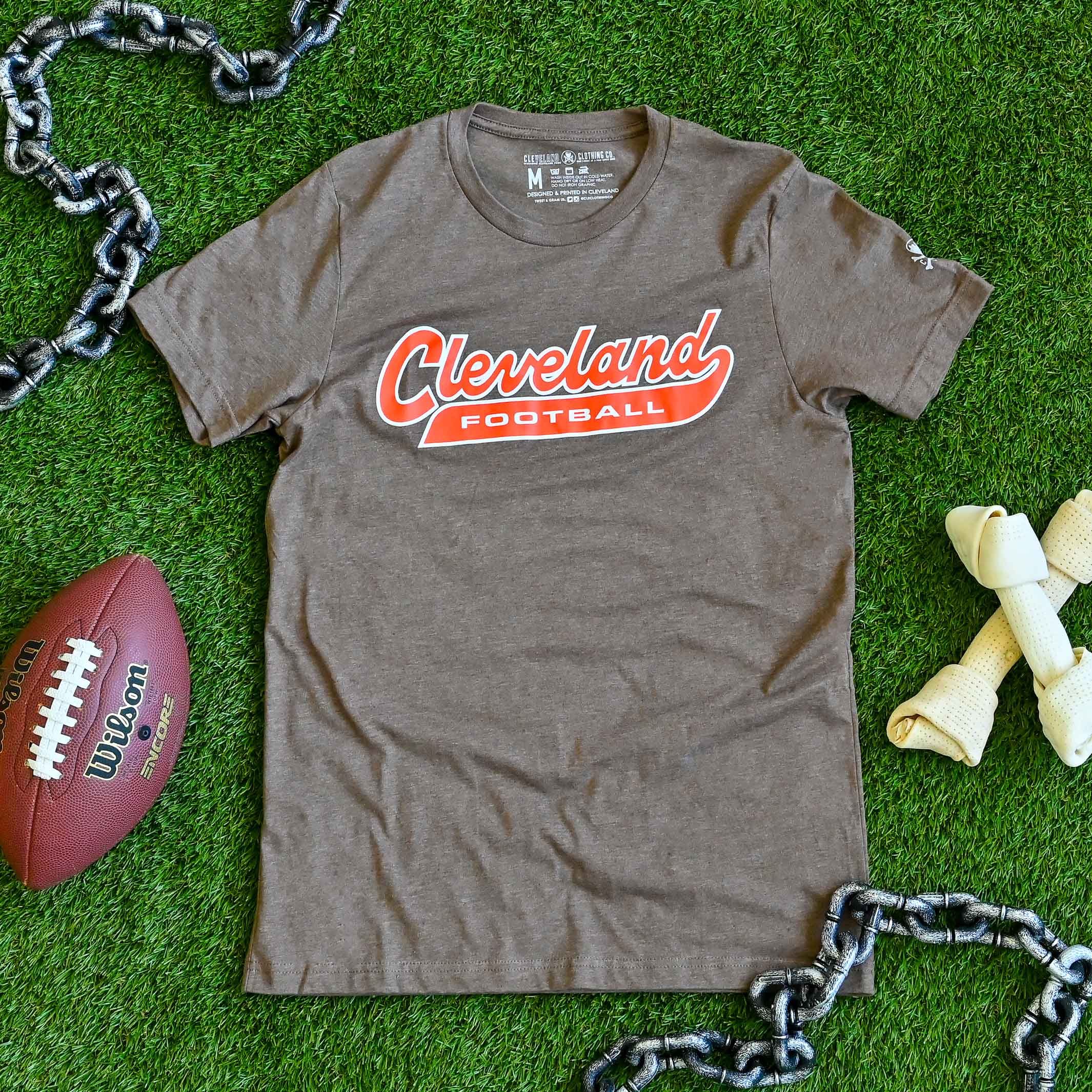 Cleveland Football Script - Mens/Unisex Crew T-shirt - Heather Brown - Image 2