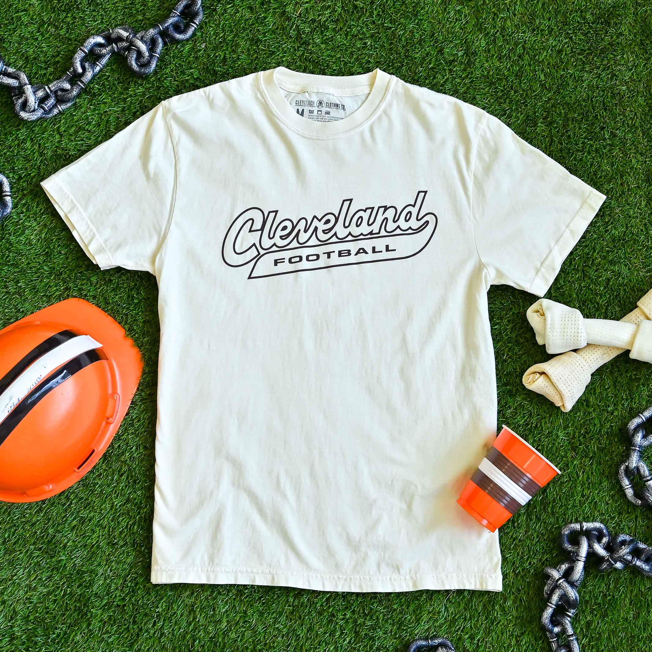 Cleveland Football Script - Mens/Unisex Crew T-shirt - Ivory - Image 2