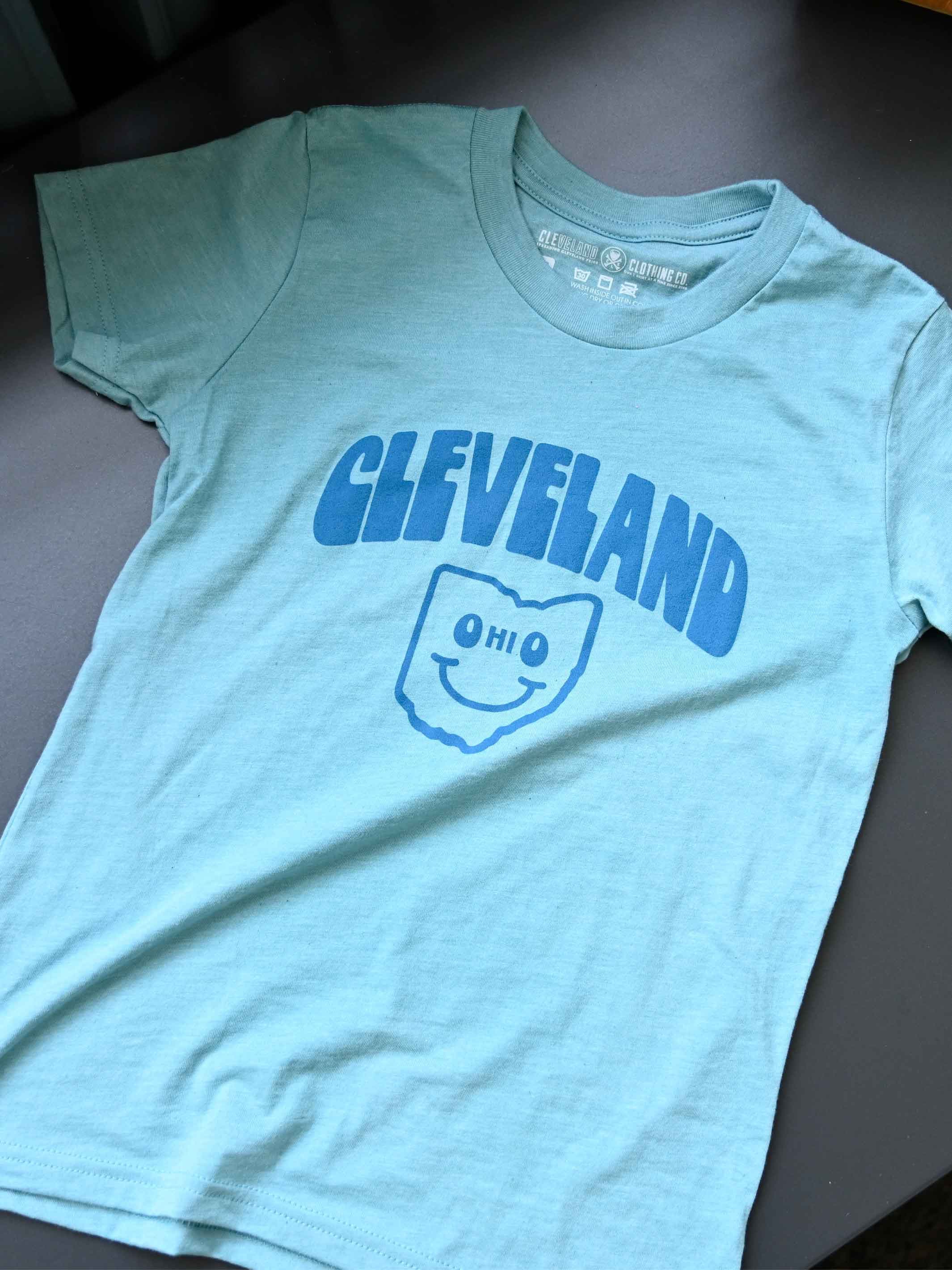 Cleveland Happy Face, Heather Blue Lagoon Youth T-Shirt - Image 2
