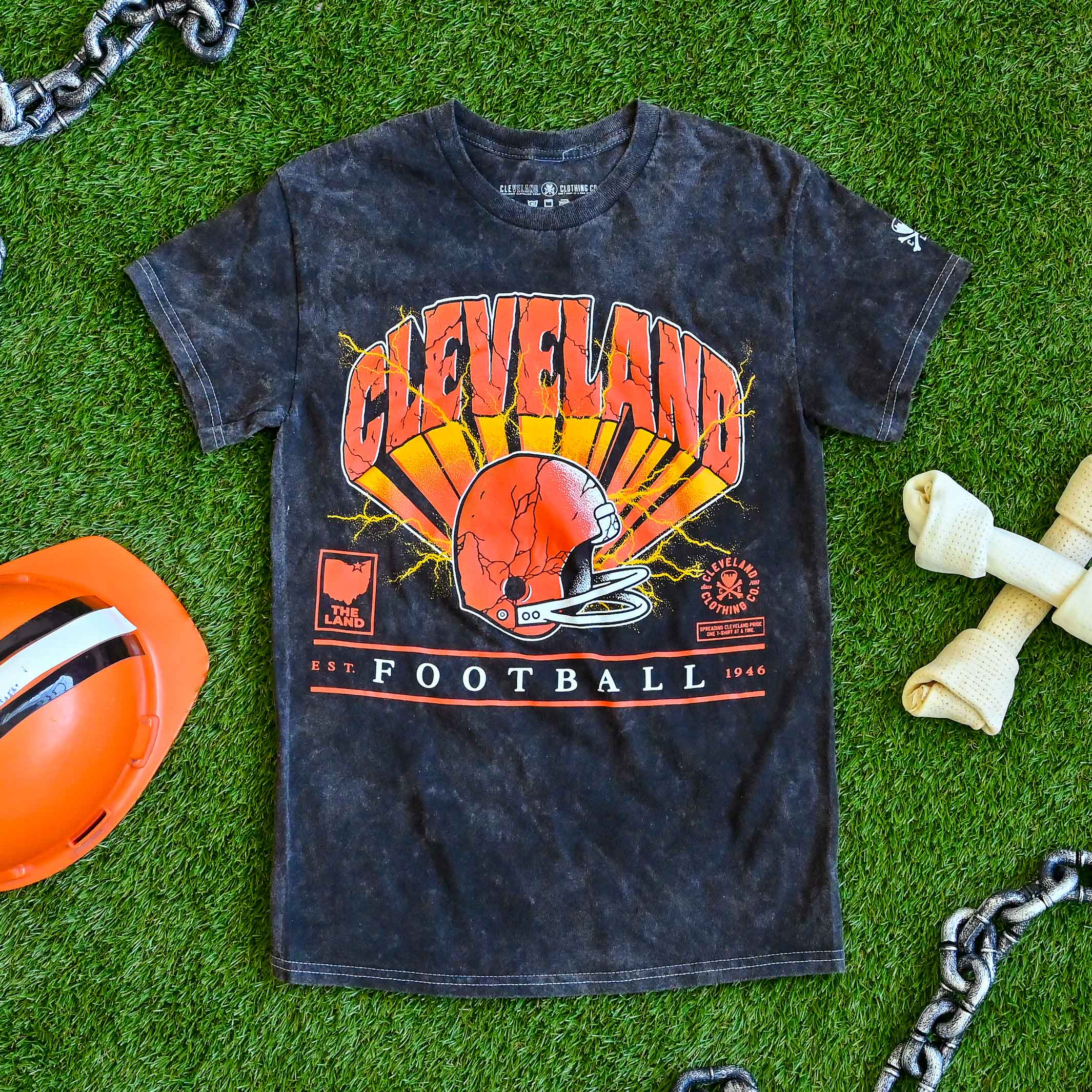 Cleveland Lightning Helmet Unisex Crew T-Shirt – Black Mineral Wash - Image 2