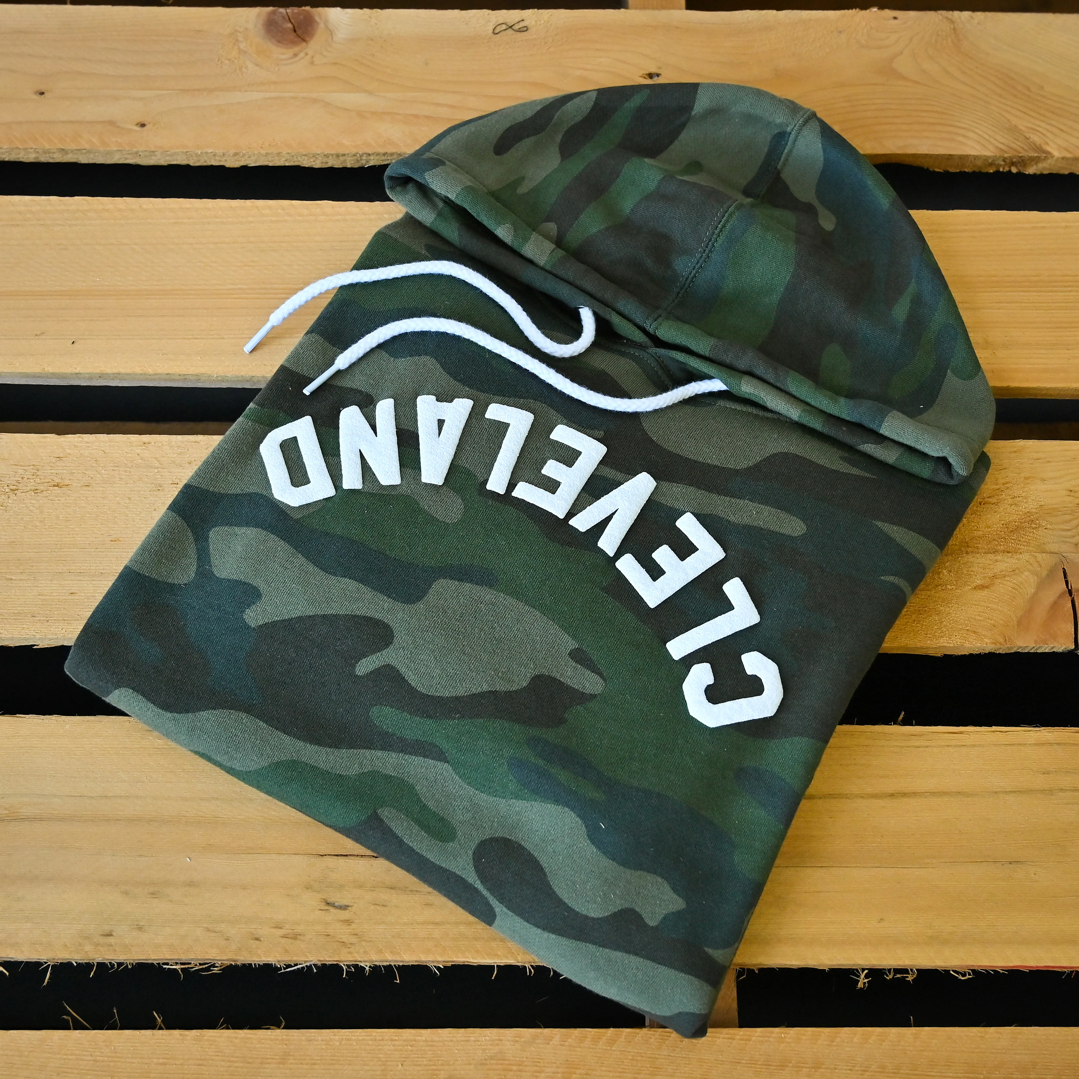 Cleveland Upside Down Arch - Unisex Pullover - Forest Camo - Image 3