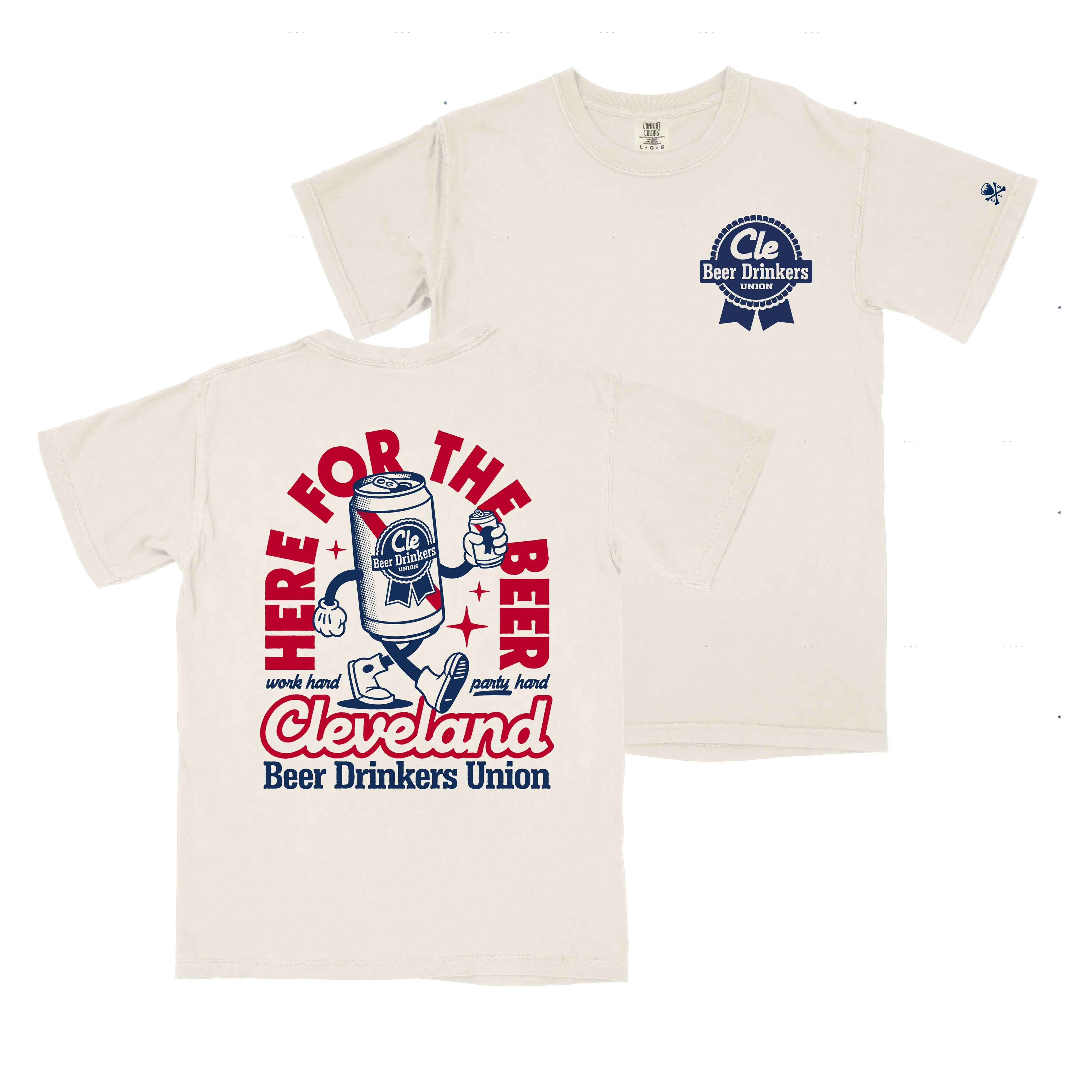 Here For The Beer, Cleveland Beer Drinkers Union - Navy/Red  - Mens/Unisex Crew T-shirt